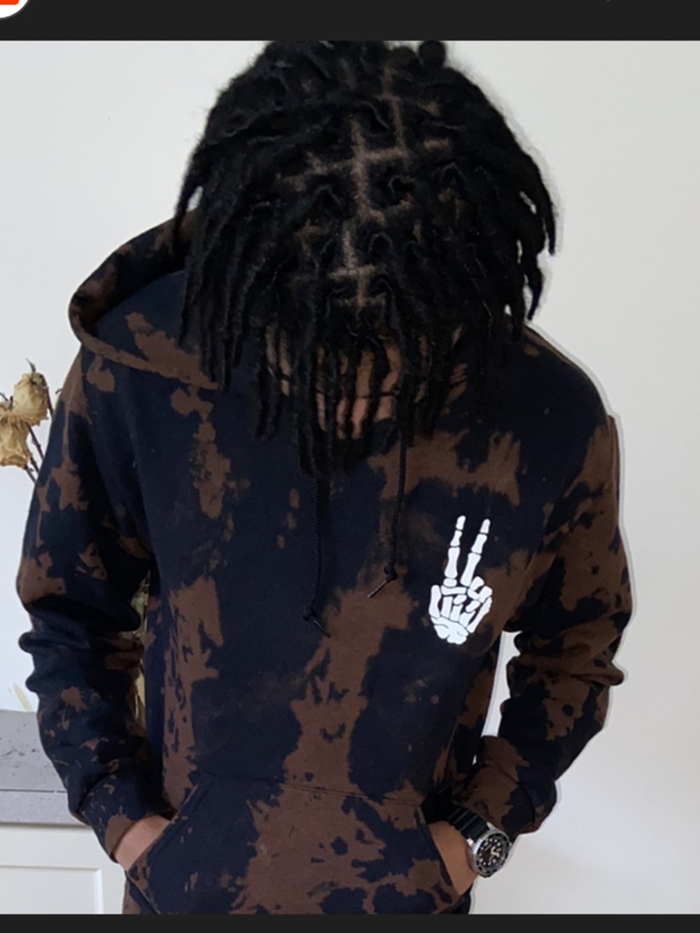 Bowery & Co. Shirt - black/bleach dye hooded sweatshirt w/peace sign